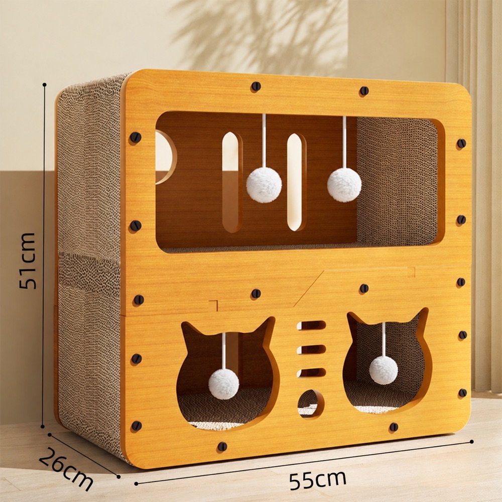 Wooden corrugated cat house measuring 55 cm wide, 26 cm deep and 51 cm tall