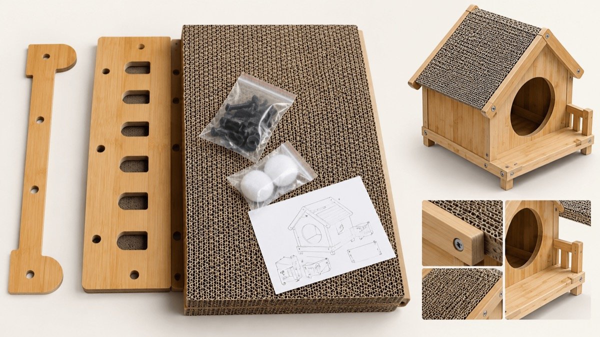 Wooden cat house assembly kit and completed cat house