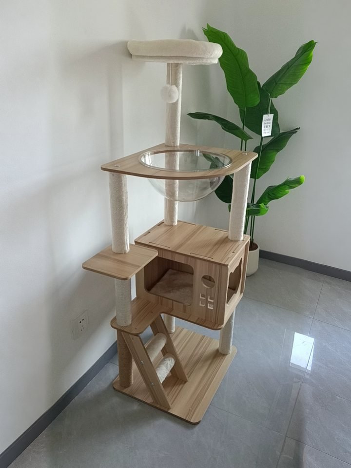 Wooden cat tree with clear bowl and plush perch