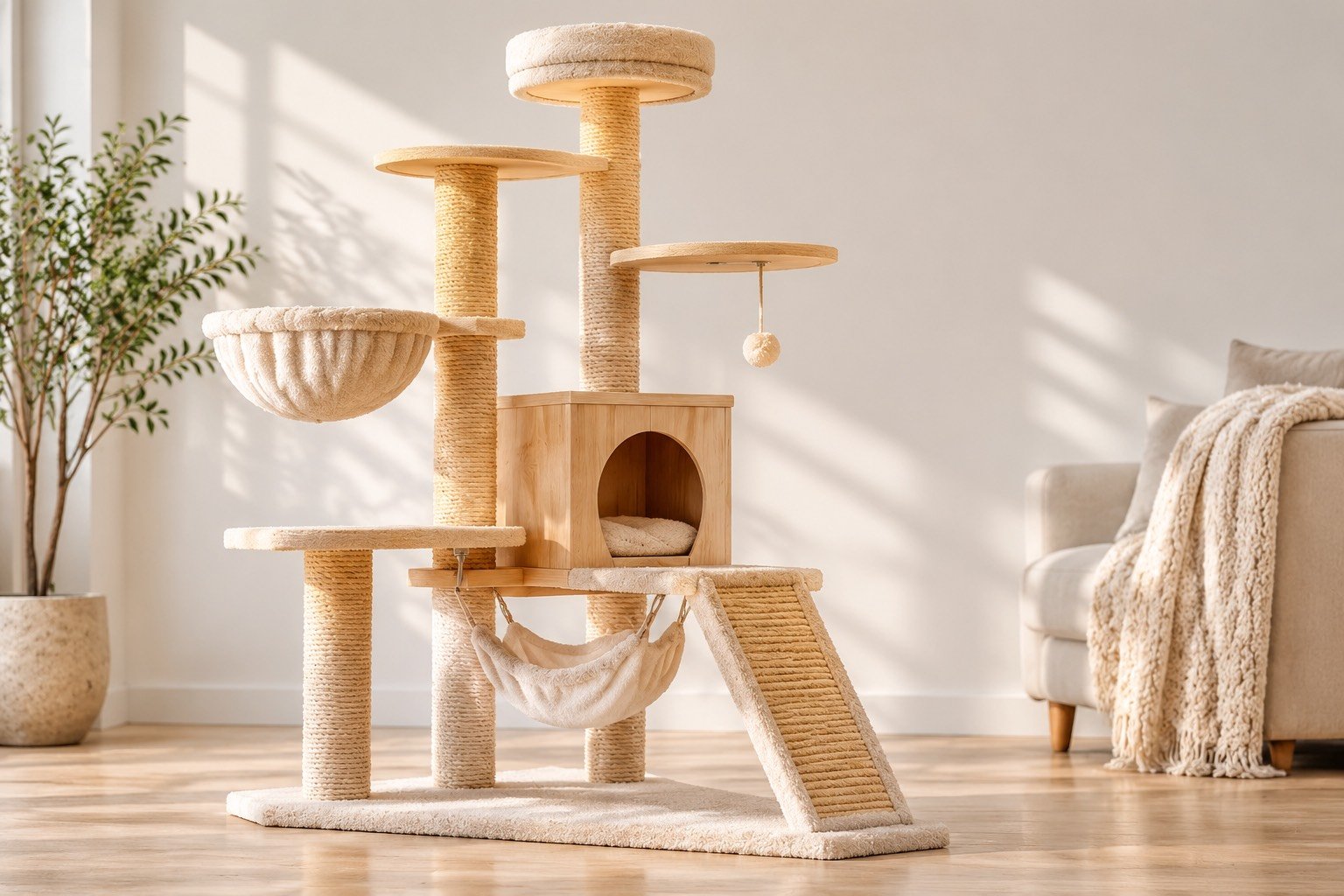 Beige cat tree in a sunlit living room