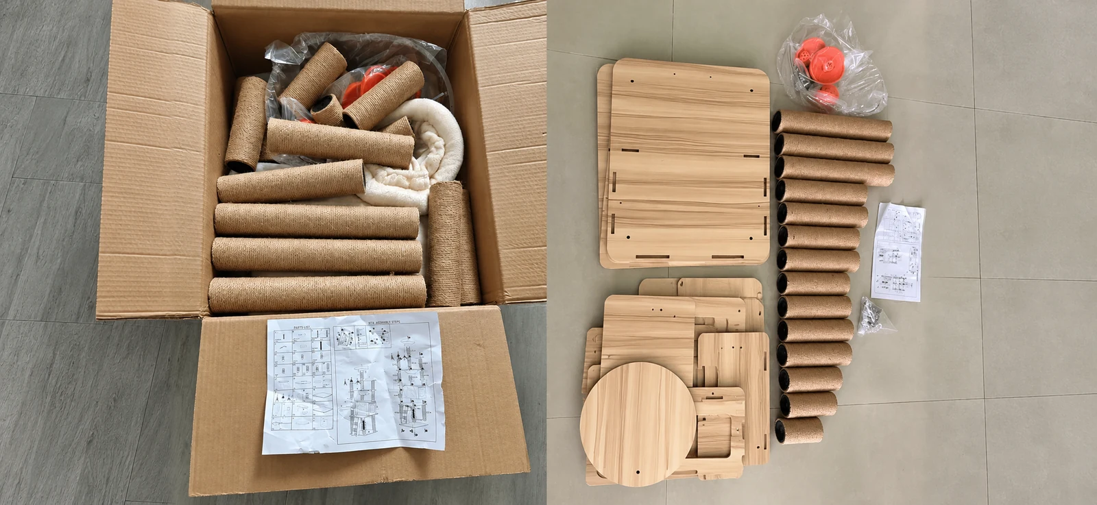 Unboxed cat tree parts and assembly instructions on an extended floor background
