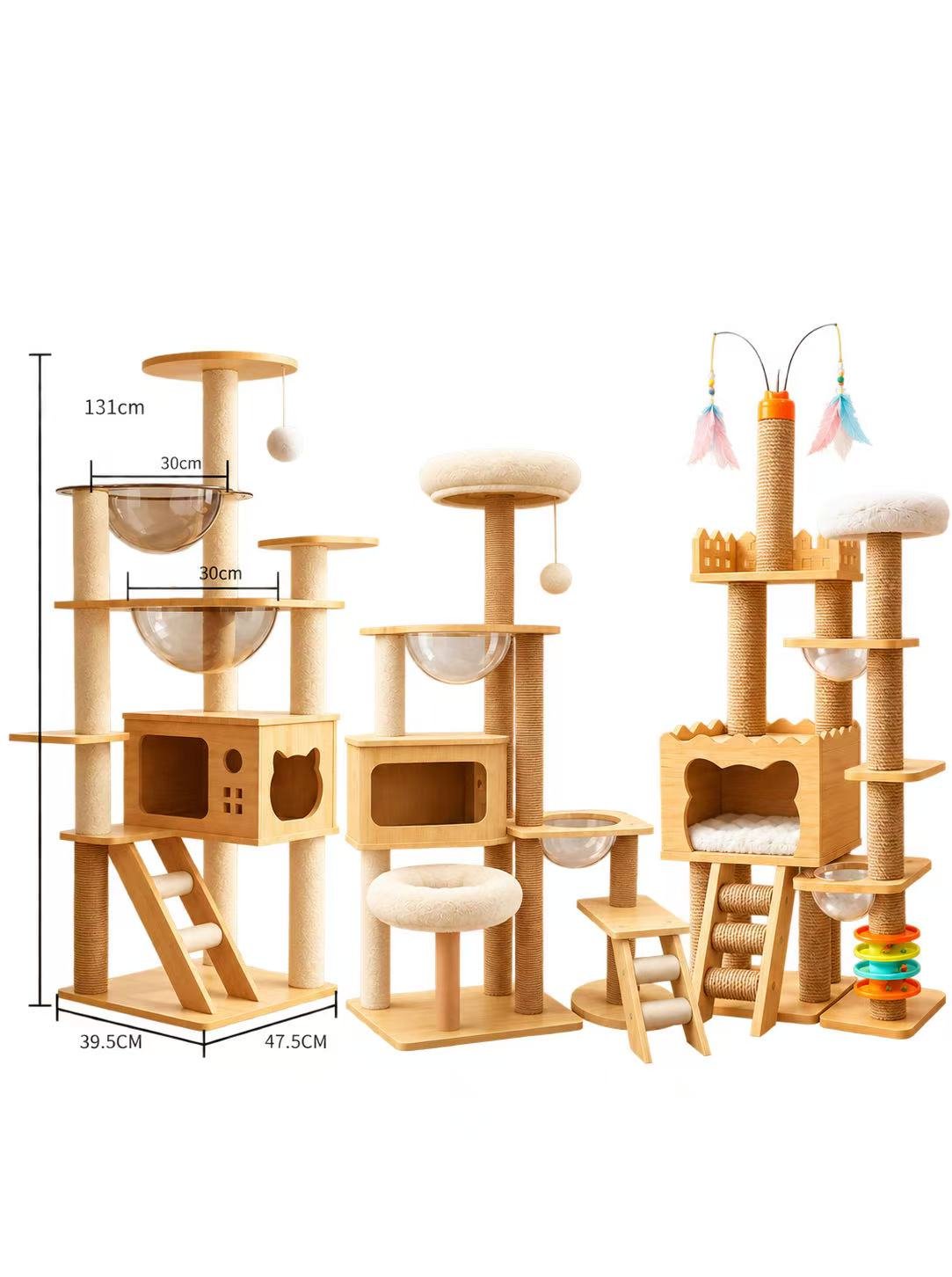 Three customizable wooden cat tree designs with dimensions