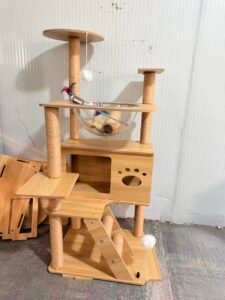 Wooden indoor cat tree with clear bowl and scratching posts