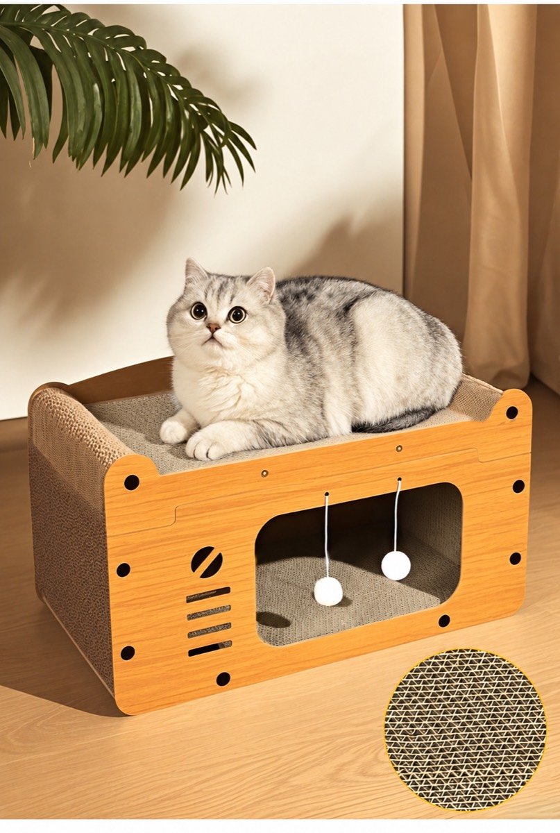 Silver tabby cat resting on a wooden cat house with a corrugated scratching surface