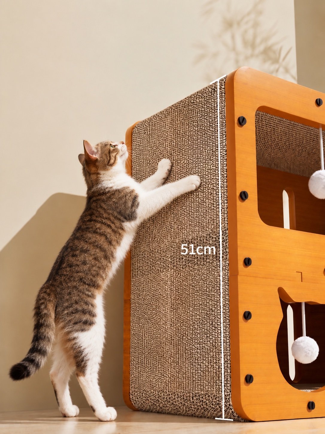 Real tabby and white cat stretching against a 51cm corrugated scratching wall on a wooden cat house