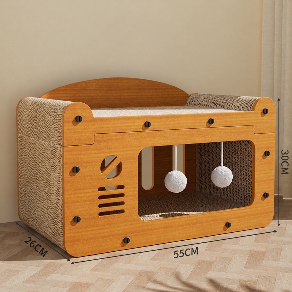 Wooden cat scratcher house dimensions: 55 cm wide, 26 cm deep and 30 cm high