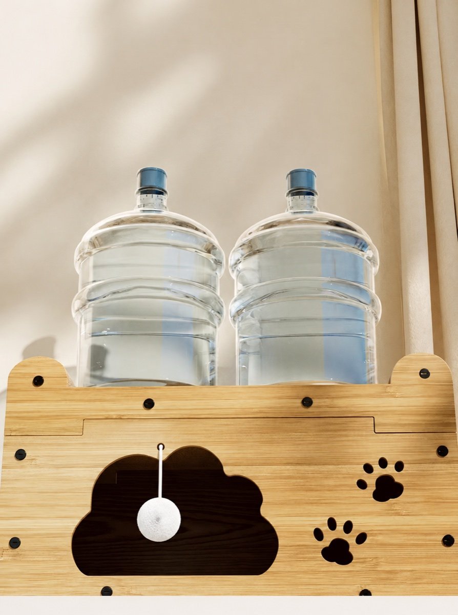Wooden cat house supporting two water jugs