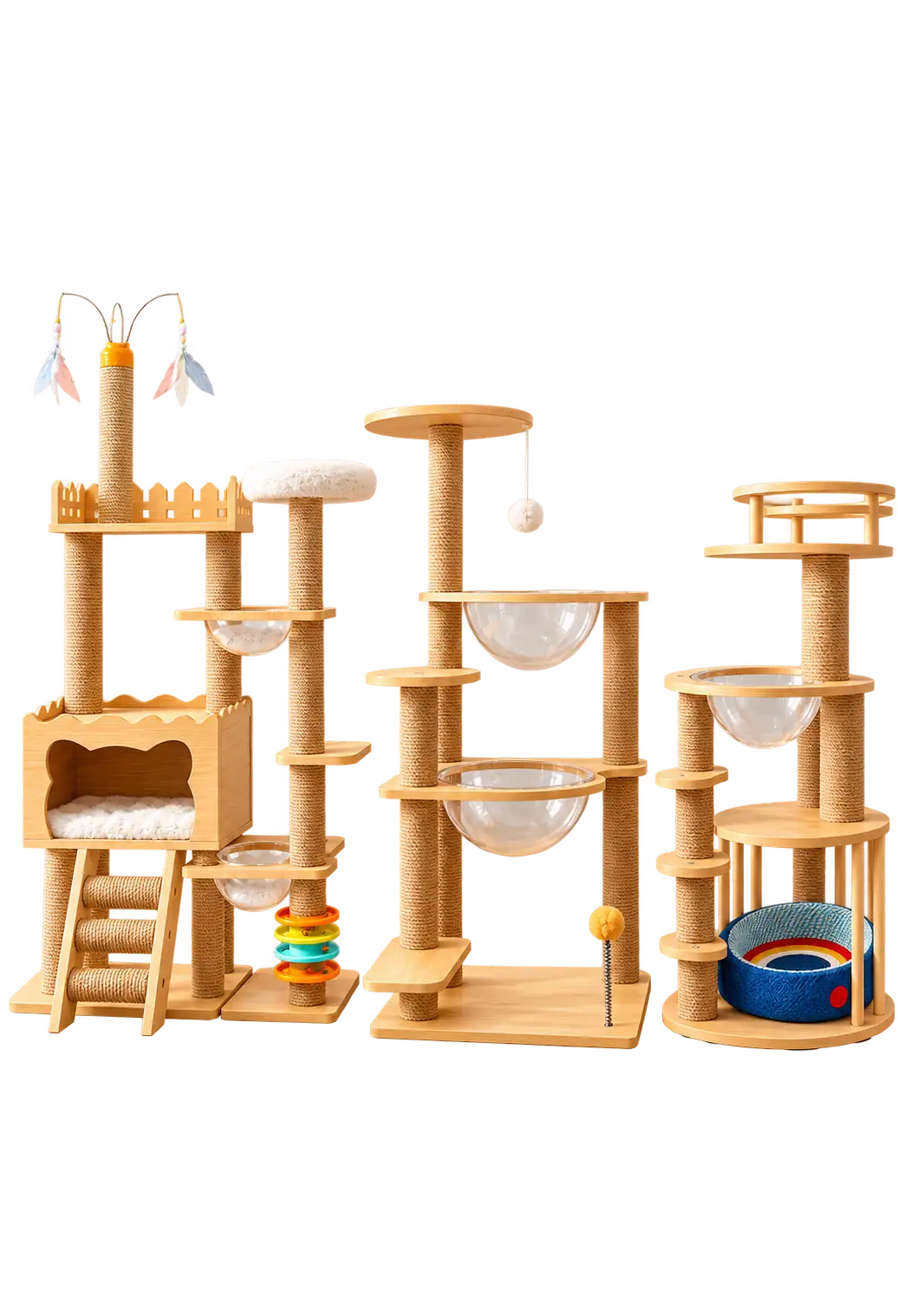 Three wooden cat tree designs with sisal posts and transparent bowls