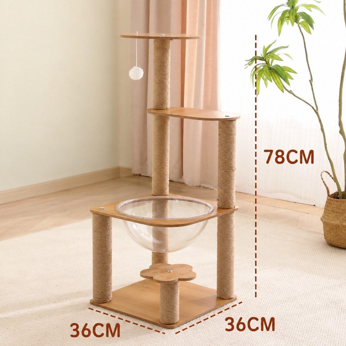 Wooden cat tree dimensions: 78 cm tall and 36 by 36 cm base