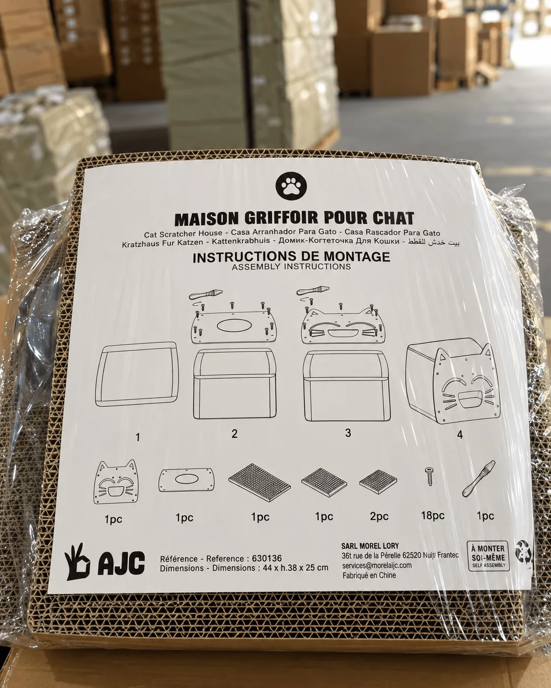 Cat house package with assembly instructions in warehouse