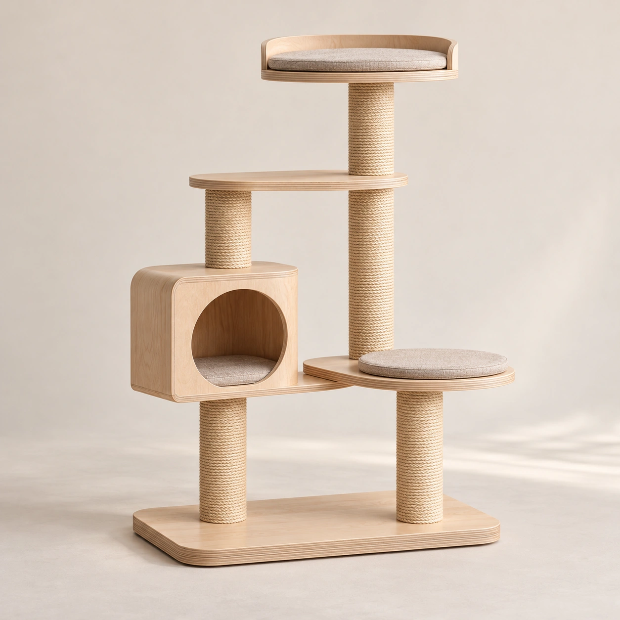 Modern multi-level plywood cat tree with sisal posts and removable linen pads
