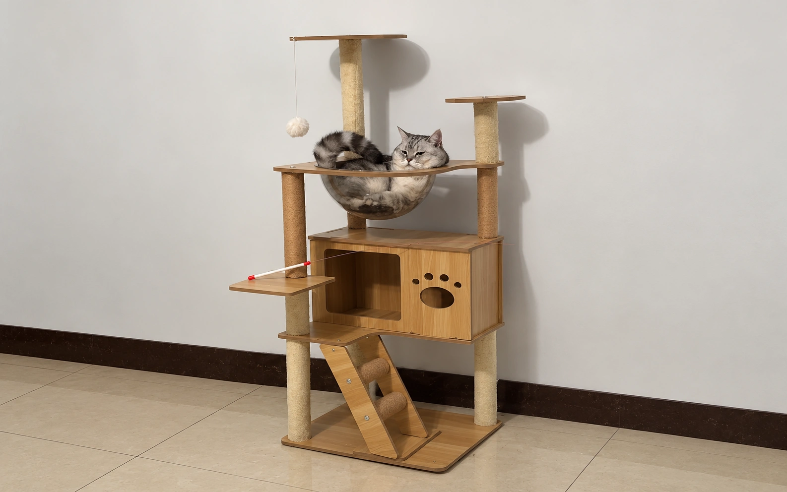 Cat resting in a clear bowl on a wooden cat tower
