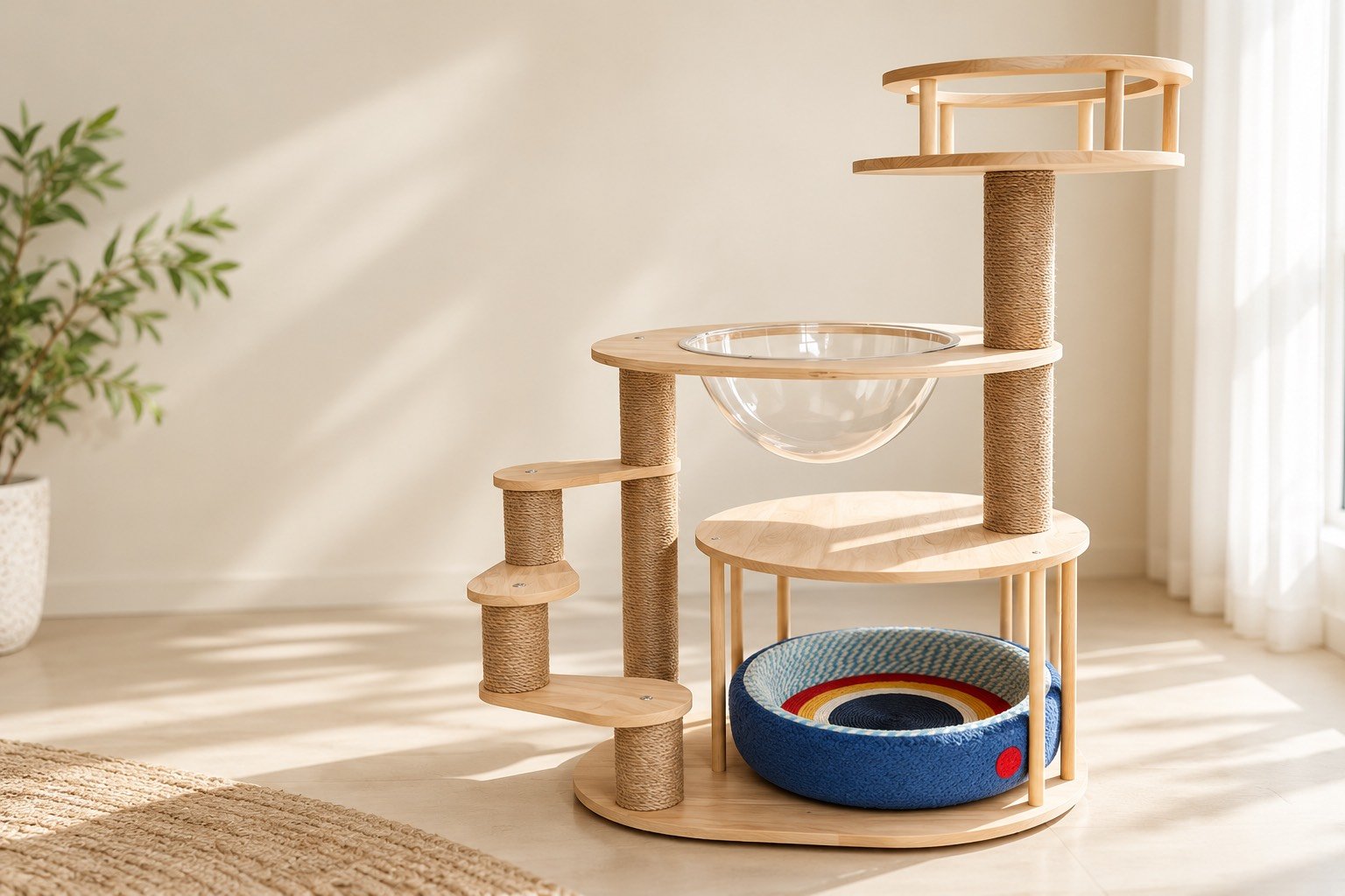 Modern wooden cat tree with sisal scratching posts and clear bowl in a sunlit interior