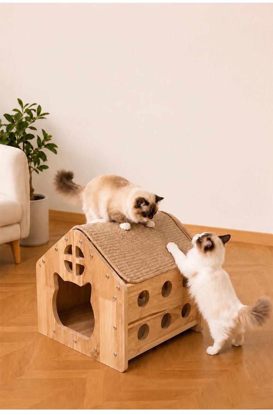 Cats using a wooden cat house scratching surface